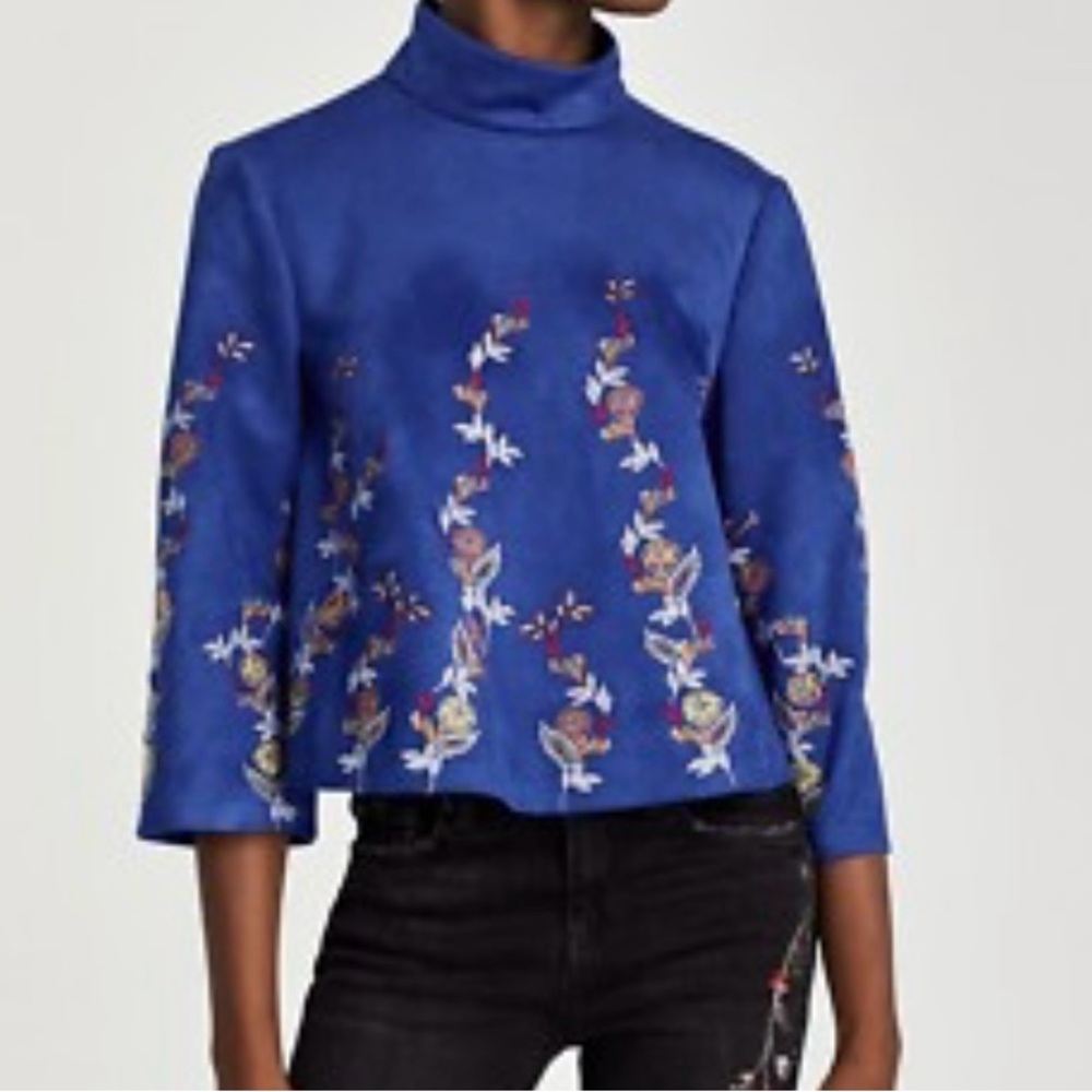 Women’s Zara Blue Suede Floral Embroidered Top